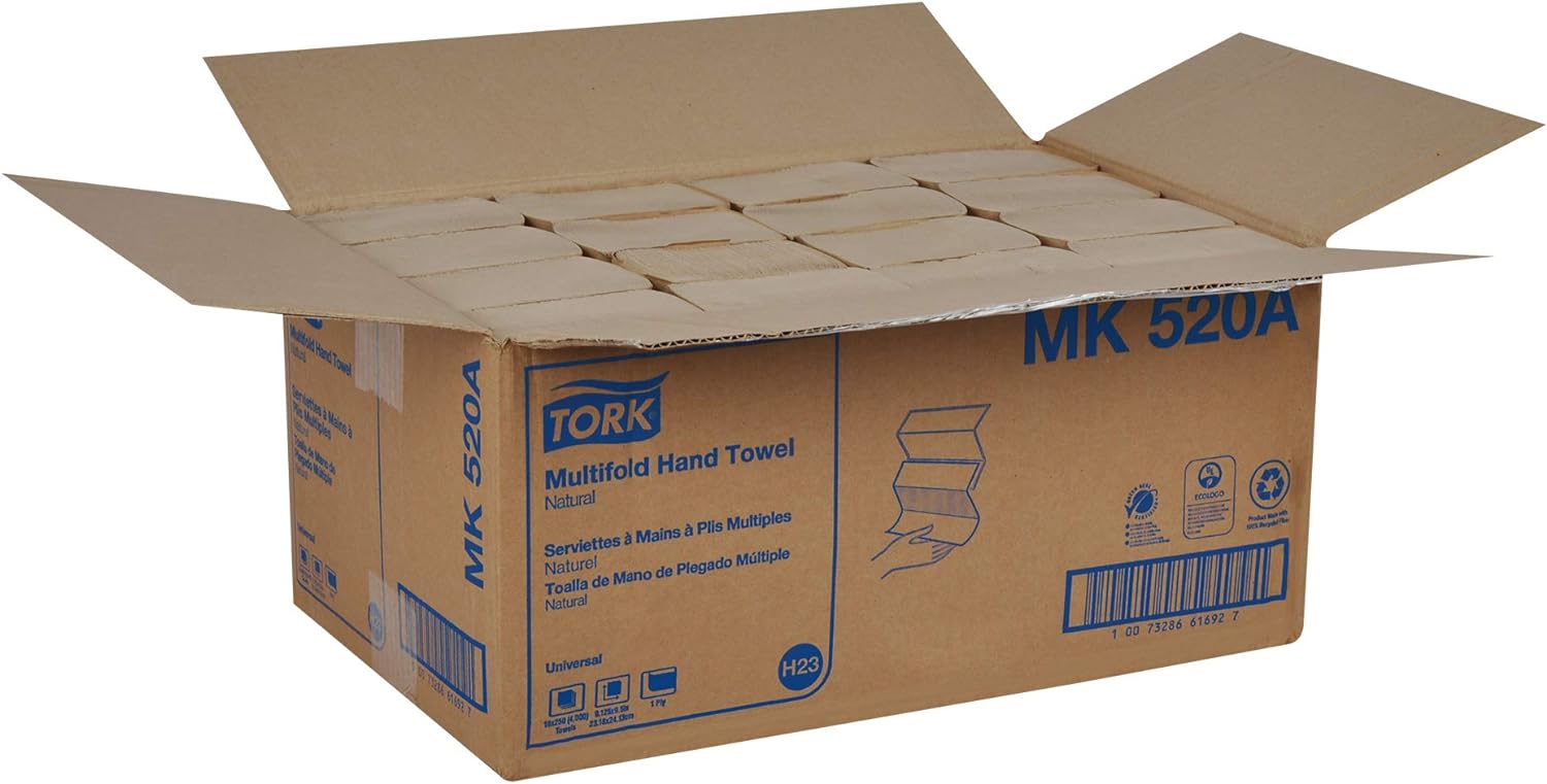 Tork Multifold Hand Towel, Natural, 100% recycled, FSC certified, Compatible with H2 Dispensers, 16 packs x 250 sheets (MK520A)