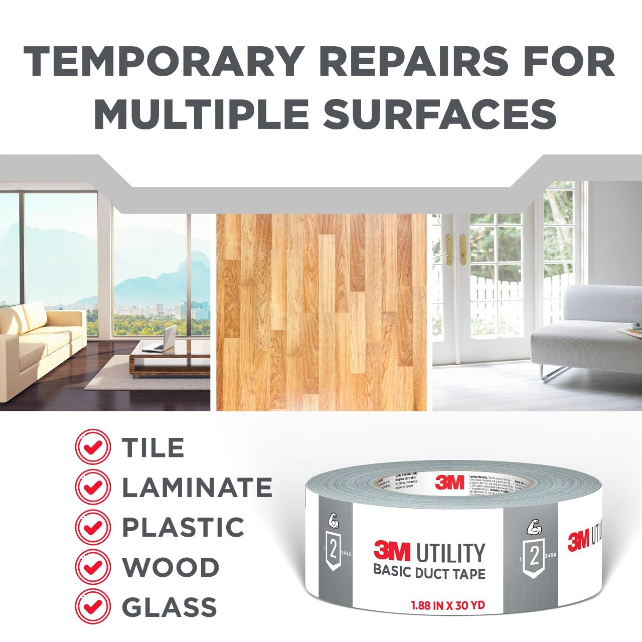 3M Utility Basic Duct Tape, 1.88 in x 30 yd, 3 Rolls, Moisture Resistant, Great for Light Duty Temporary Indoor Repairs for Tile, Laminate, Plastic, Wood, and Glass, Tear by Hand (1030-3PK)