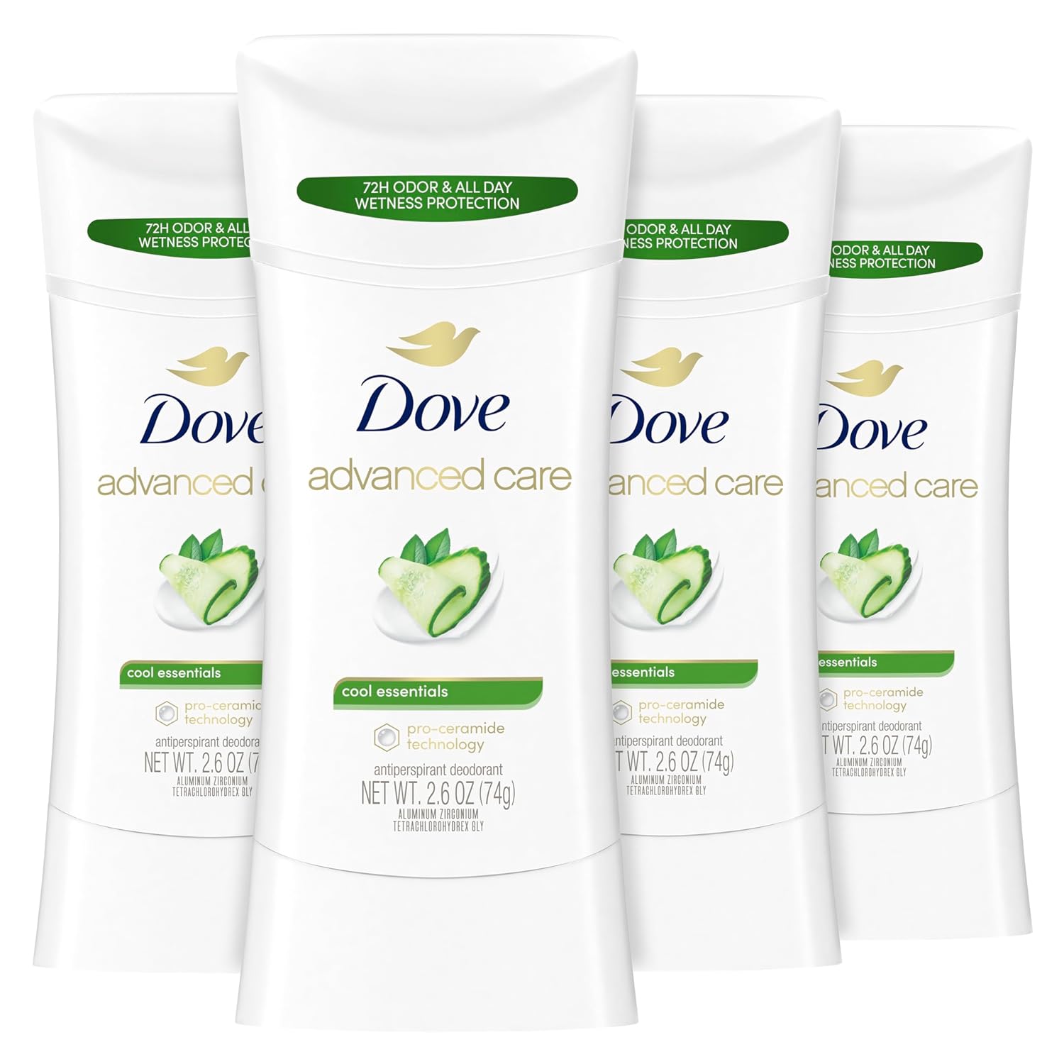 Dove Advanced Care Antiperspirant Deodorant Stick Cool Essentials 4 ct for helping your skin barrier repair after shaving 72 hour odor control and sweat protection with Pro Ceramide Technology 2.6 oz