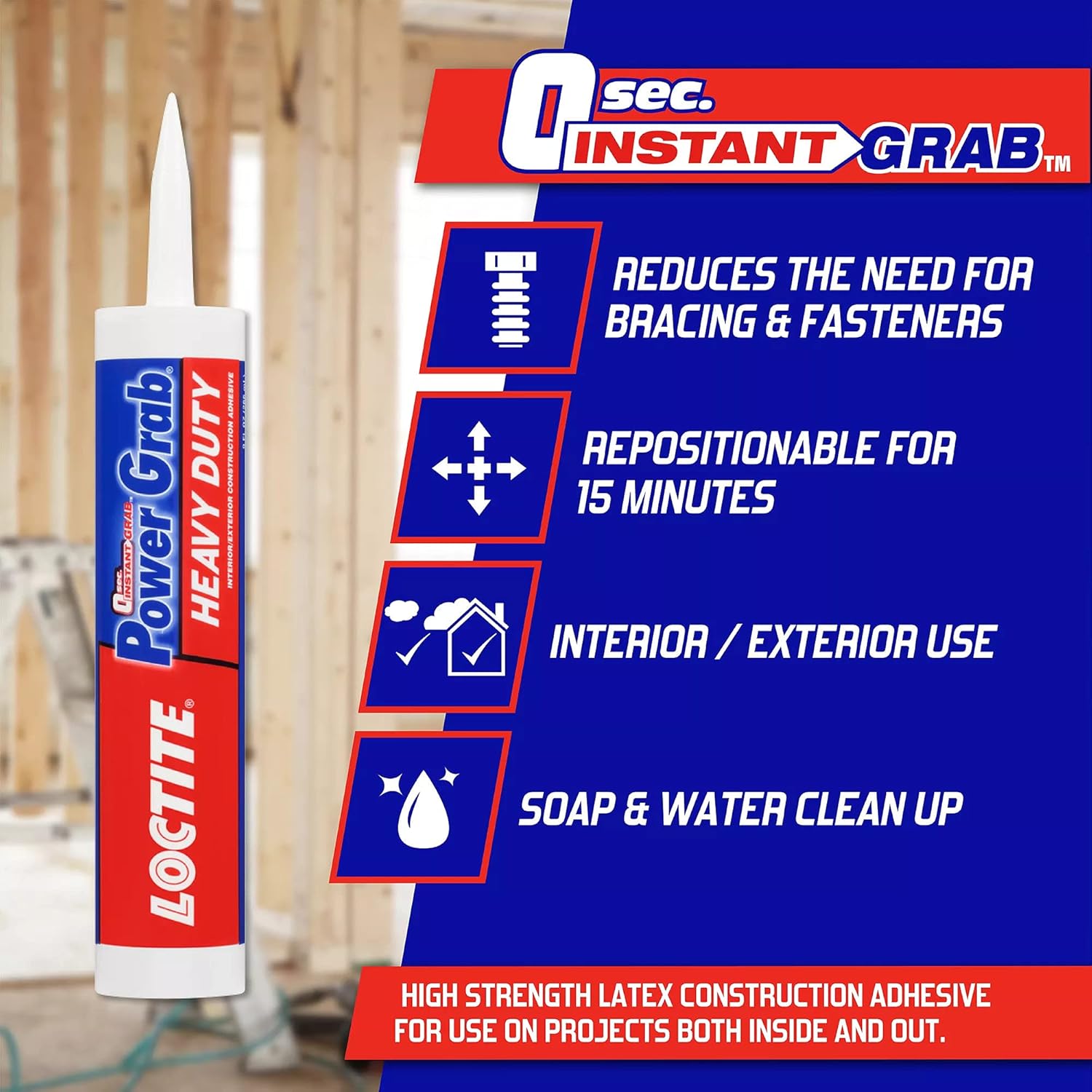 Loctite Power Grab Express Heavy Duty Construction Adhesive, 9 fl oz Cartridge, 6 Pack - Versatile Construction Glue for Wood, Wall, Tile, Foam Board & More