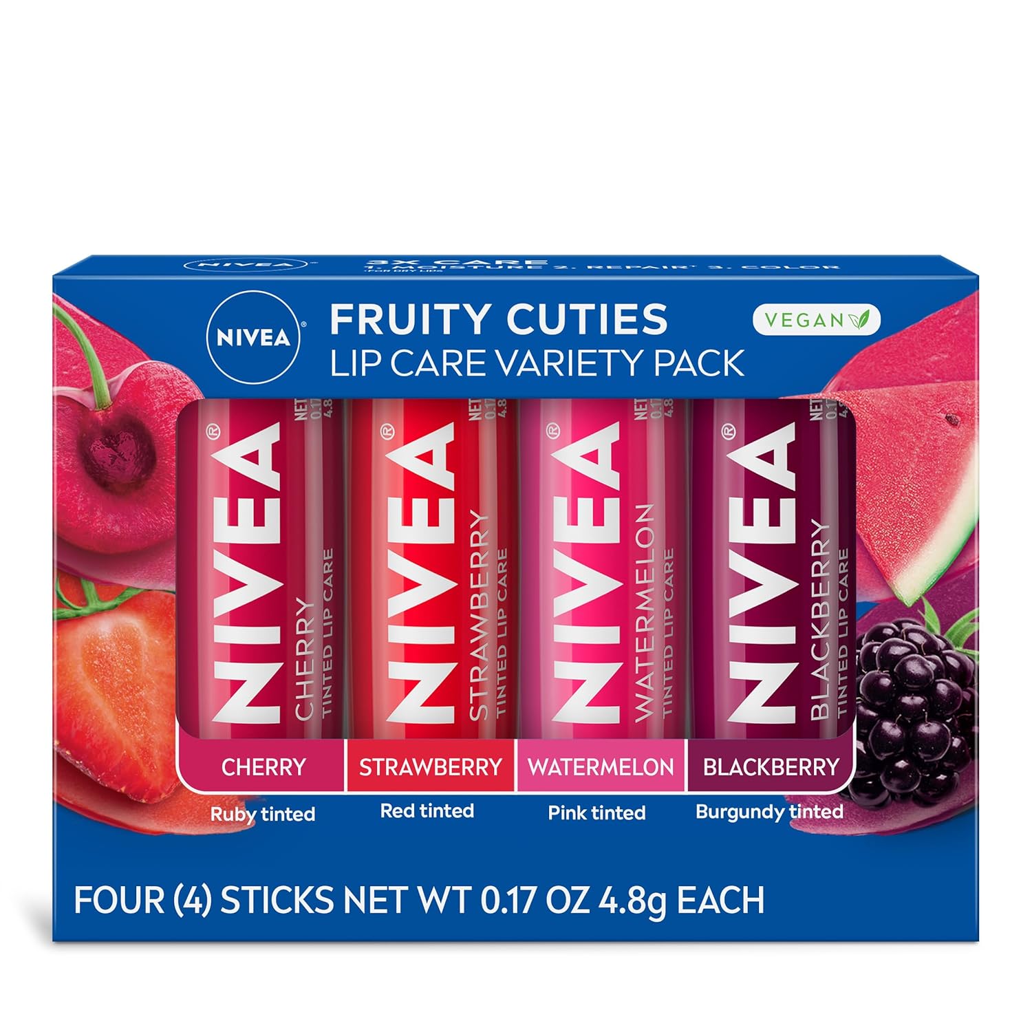 NIVEA Mango Lip Care, Vegan Lip Balm Pack with Shea Butter, Nourishing Oils and Vitamin C & E, 3-in-1 Moisturize, Repair and Protect, 0.17 Oz Stick, Pack of 4