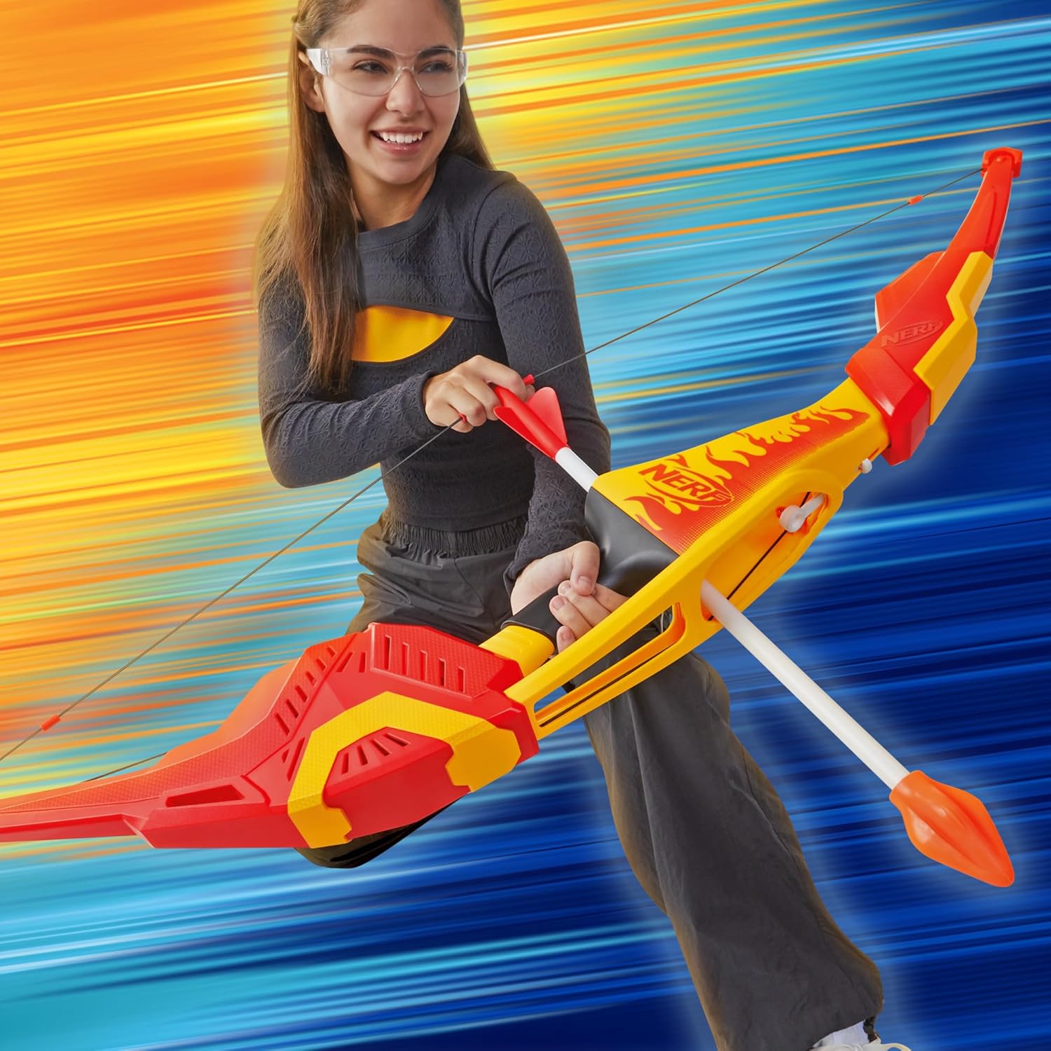 Nerf Pyrostrike Megabow, 42-Inch Bow Fires Arrows Up to 105 Feet, 2 Arrows with Soft Tips, Kids Outdoor Toys, Ages 10+ (Amazon Exclusive)