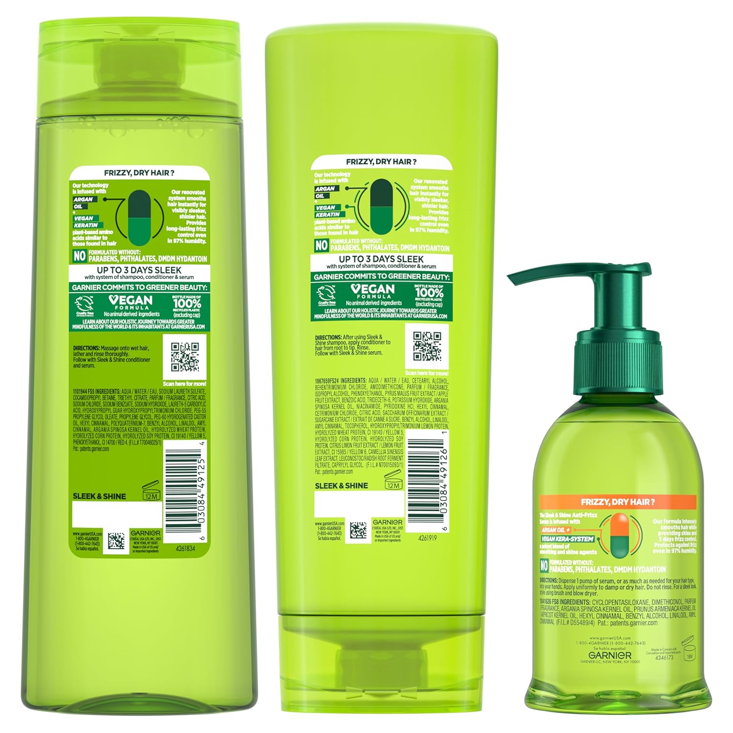 Garnier Fructis Sleek & Shine Shampoo, Conditioner + Anti-Frizz Serum Set for Frizzy, Dry Hair, Argan Oil (3 Items), 1 Kit (Packaging May Vary)