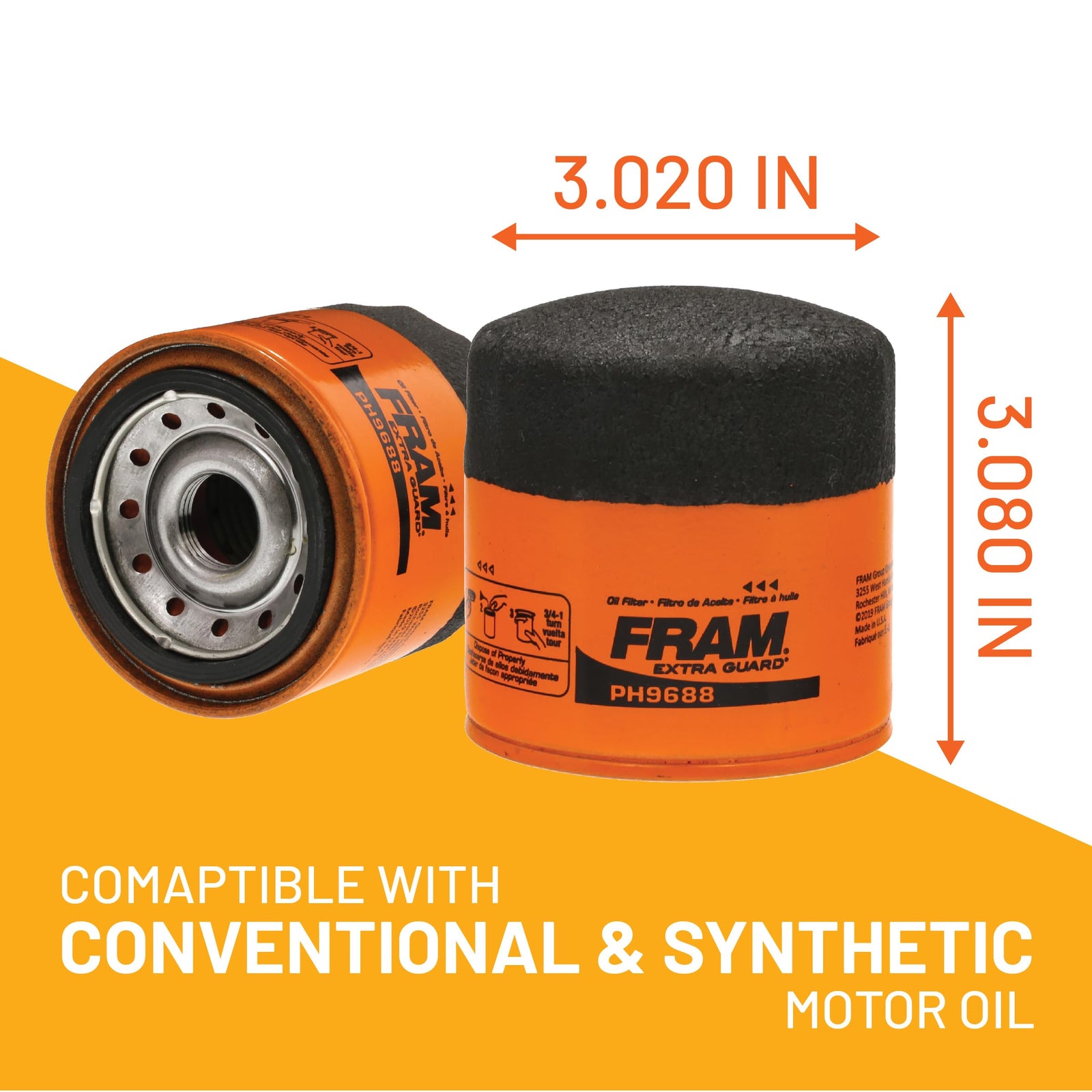 FRAM Extra Guard PH9688 10K Mile Change Automotive Replacement Interval Spin-On Engine Oil Filter for Select Vehicle Model Years, Vehicle Engine Protection Oil Filter for Everyday Drivers