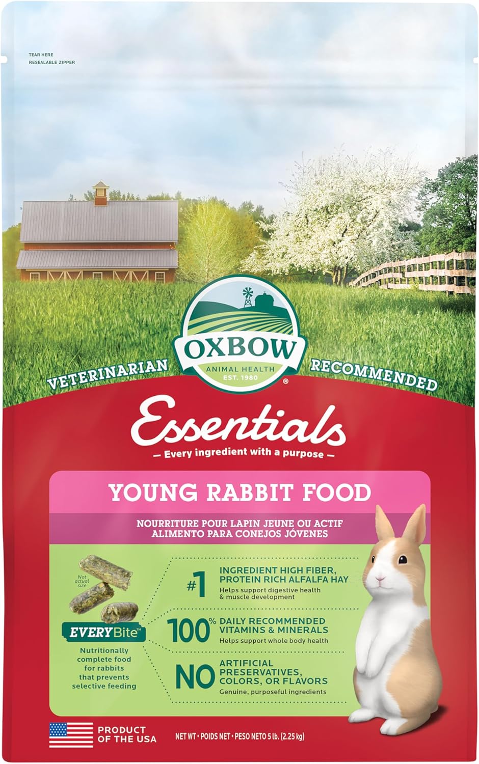 Oxbow Essentials Rabbit Food, Adult Rabbit, Made with Oxbow Timothy Hay, Pet Pellets with Vitamins & Minerals, Small Animal Pet Products, Bunny Supplies, Made in USA, Bunny Food, 5 lb