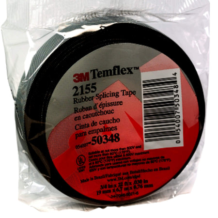 3M Temflex Rubber Splicing Tape 2155, 3/4 in x 22 ft, Black, General Purpose Self-Fusing Electrical Insulating Tape, 1 Roll