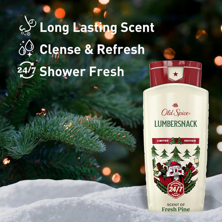 Old Spice Body Wash for Men, Holidudes Holiday Edition, 24/7 Holiday Freshness, Lasting Scent and Rich Lather, Stocking Stuffer, Lumbersnack with Fresh Pine Scent, 16 oz