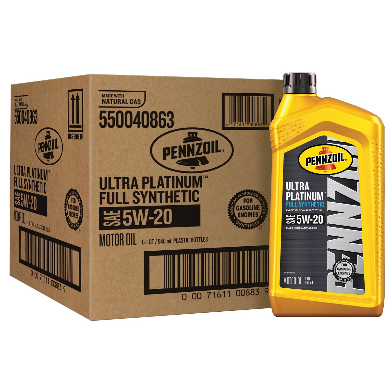 Pennzoil Ultra Platinum Full Synthetic 0W-20 Motor Oil, 1 Quart (6 Pack)