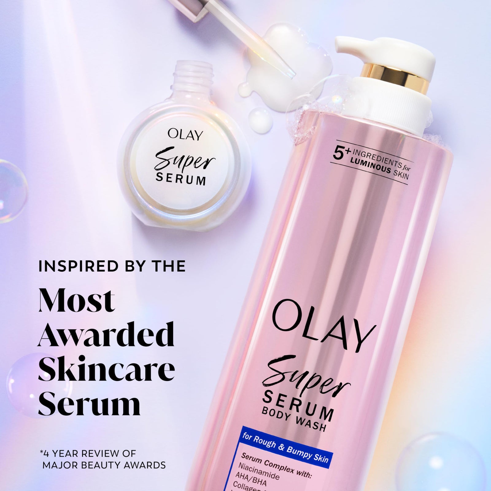 Olay Super Serum Body Wash for Normal Skin, 24hr Long Lasting Hydration, 5+ Ingredient Serum Complex for Bright Even Firm Luminous Skin, 18.5 fl oz