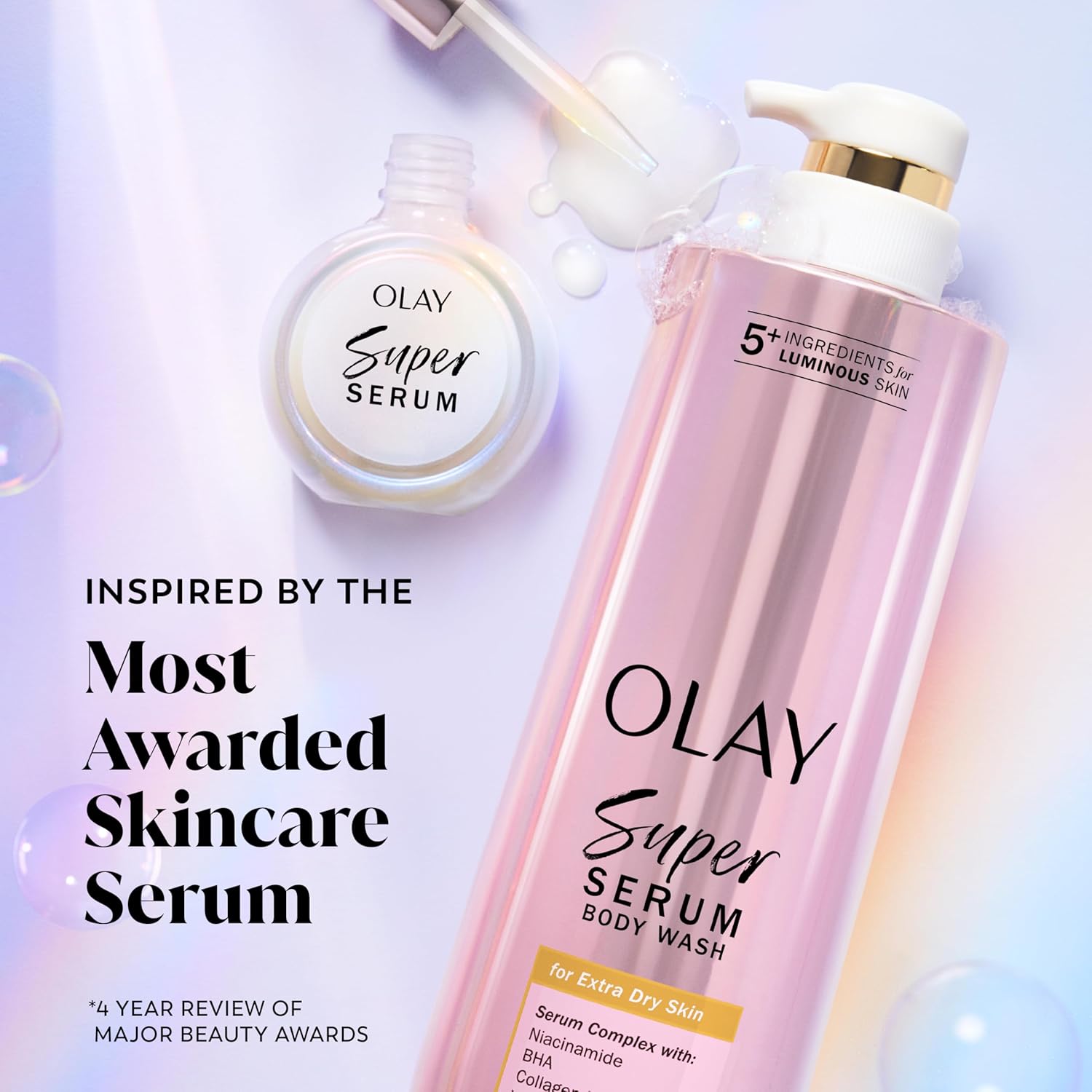Olay Super Serum Body Wash + Hand & Body Lotion Bundle for Dry Skin, 24hr Long Lasting Hydration, 5+ Ingredient Serum Complex for Luminous Skin, 18.5 fl oz (Pack of 2)