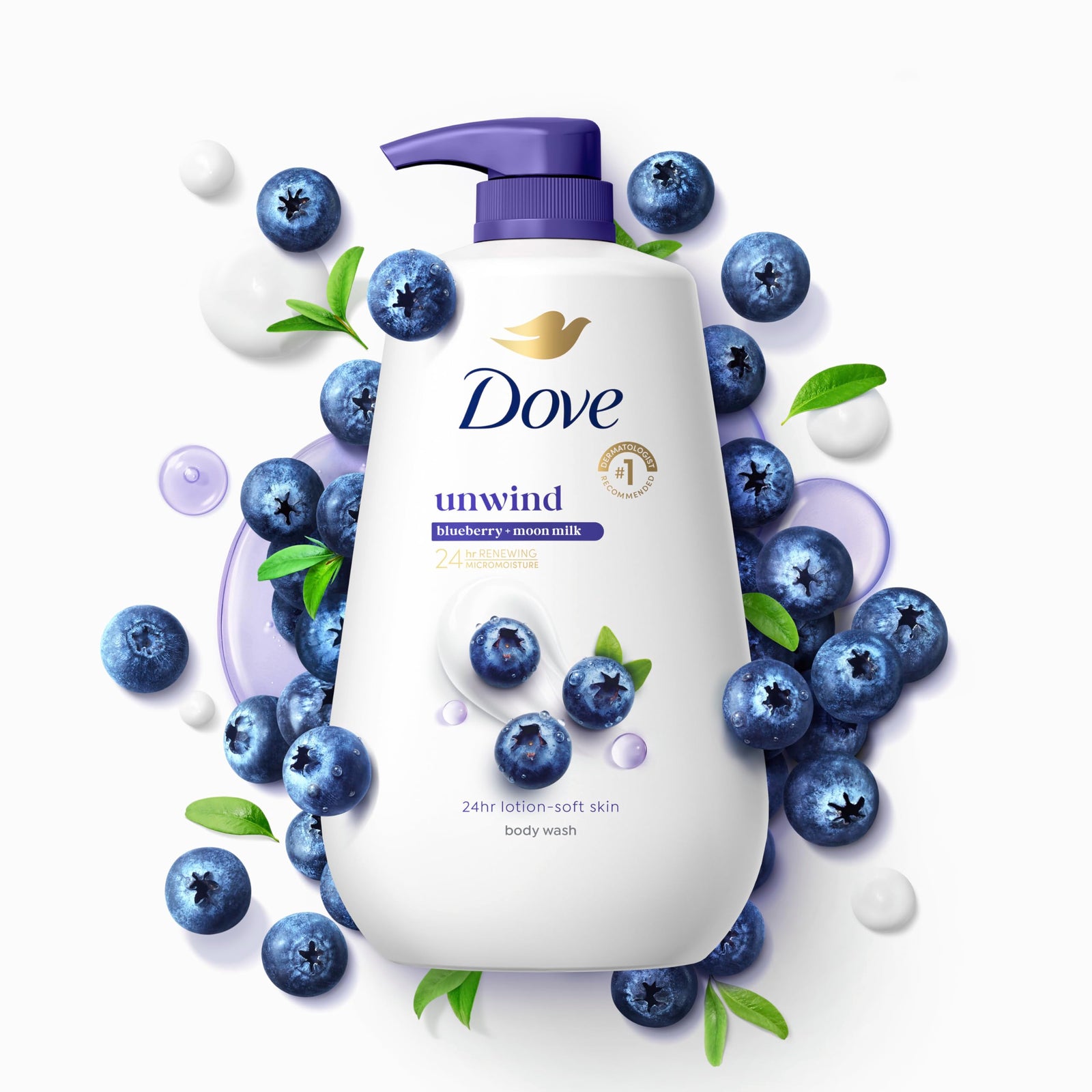Dove Body Wash Unwind Blueberry & Moon Milk For 24hr Lotion-Soft Skin Moisturizing Skin Cleanser with No Sulfates No Parabens 30.6 oz
