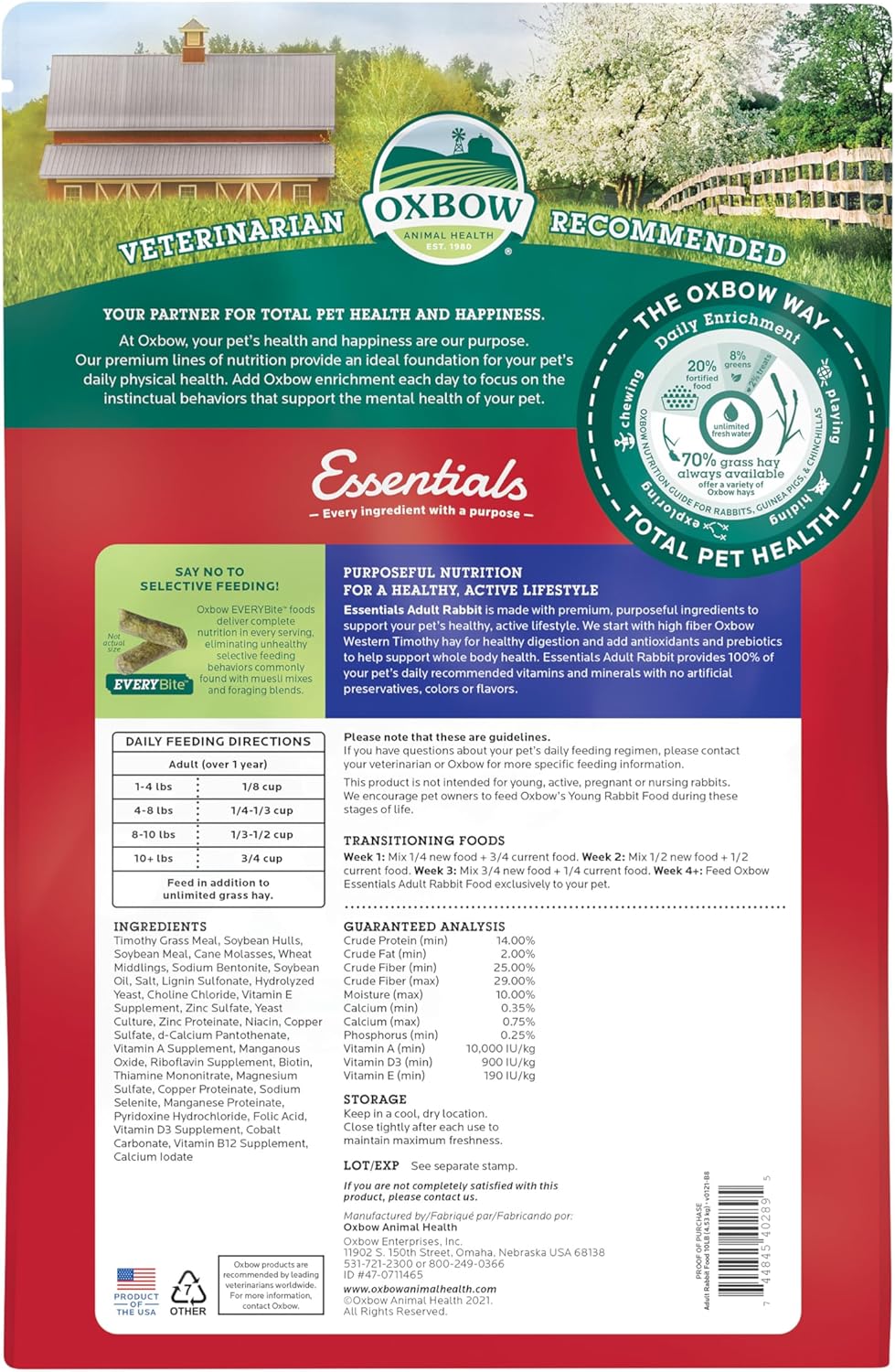 Oxbow Essentials Rabbit Food, Adult Rabbit, Made with Oxbow Timothy Hay, Pet Pellets with Vitamins & Minerals, Small Animal Pet Products, Bunny Supplies, Made in USA, Bunny Food, 5 lb