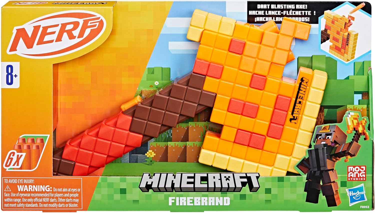 Nerf Minecraft Firebrand, Dart Blasting Axe, 6 Nerf Elite Foam Darts, Design Inspired by Minecraft Axe in The Game, Pull Down Priming, Minecraft Toys
