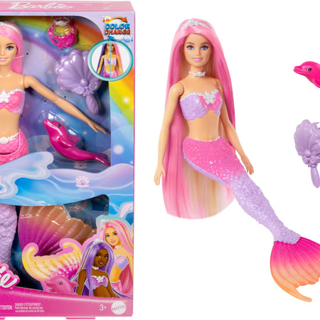 Barbie Mermaid Doll, “Malibu” with Pink Hair, Styling Accessories, Pet Dolphin and Water-Activated Color Change Feature (Amazon Exclusive)