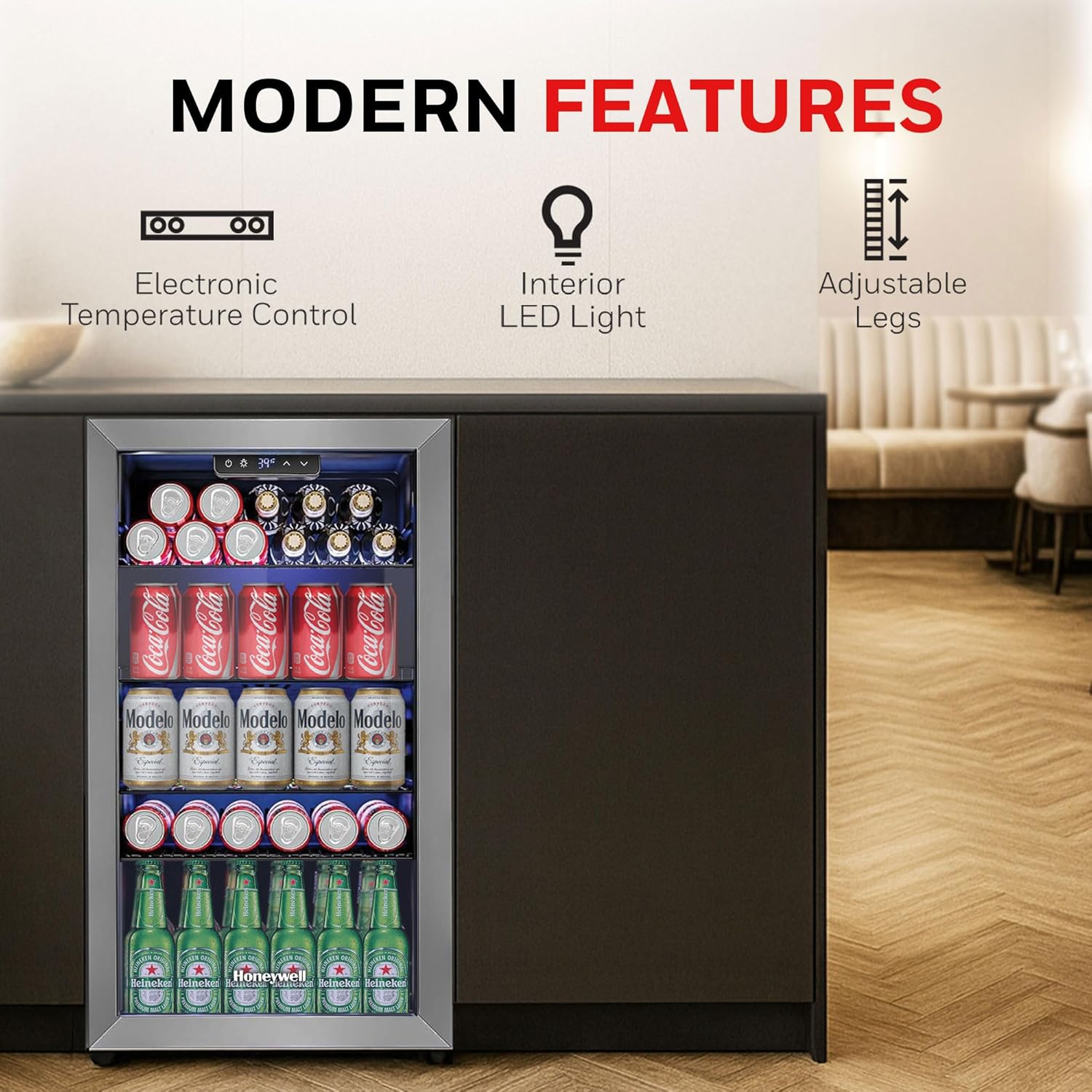 Honeywell Beverage Refrigerator and Cooler, 116 Can Mini Fridge with Glass Door for Soda Beer or Wine for Office or Bar with Adjustable Removable Shelving, Commercial Grade