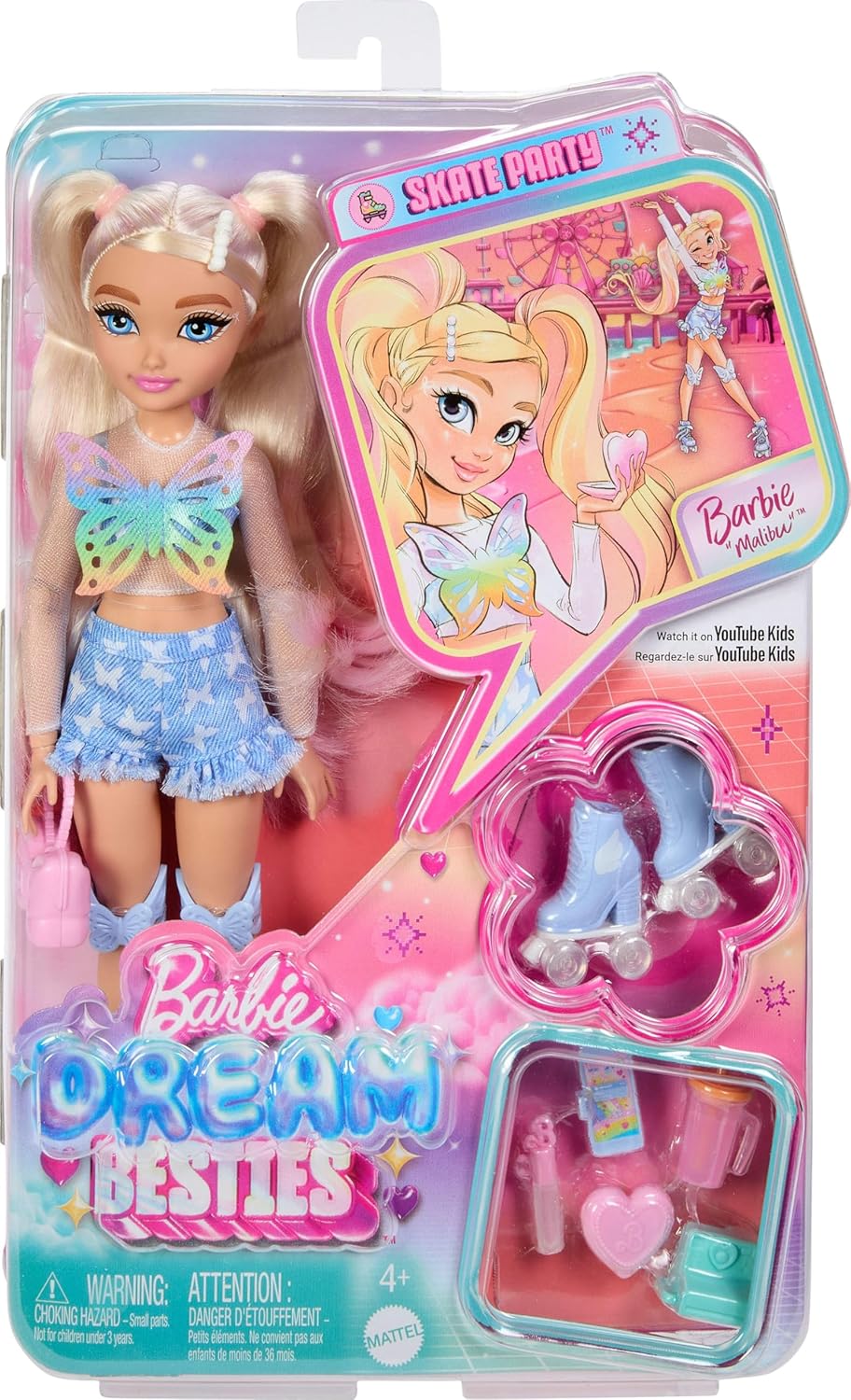 Barbie Dream Besties Doll and Accessories, Barbie "Malibu” Posable Roller Skating Fashion Doll with Blonde Hair, 9 Makeup Themed Pieces