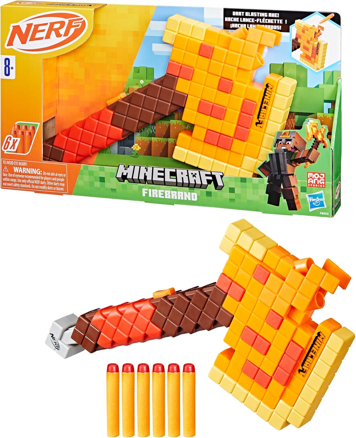 Nerf Minecraft Firebrand, Dart Blasting Axe, 6 Nerf Elite Foam Darts, Design Inspired by Minecraft Axe in The Game, Pull Down Priming, Minecraft Toys
