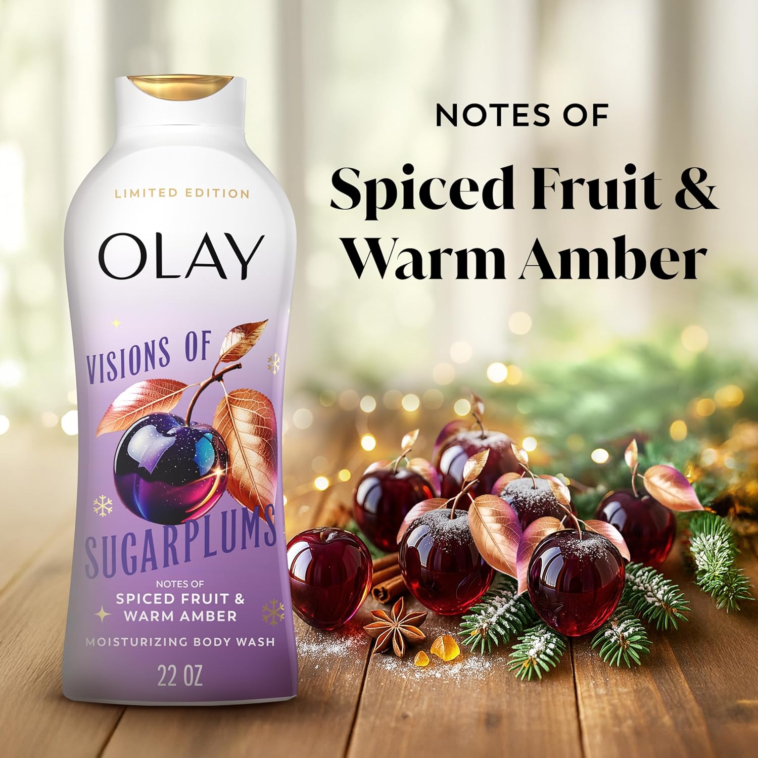 Olay Body Wash for Women, Hydrating & Moisturizing, Holiday Edition, With Plant Based Cleansers, B3 Complex, For All Skin Types, Visions of Sugarplums with Spiced Fruit & Warm Amber Scent, 22 fl oz