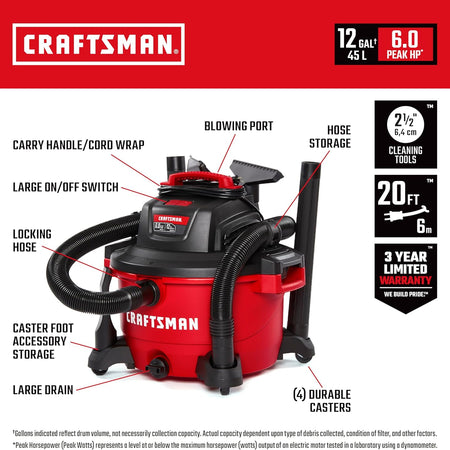 "CRAFTSMAN CMXEVBE17594 12 Gallon 6.0 Peak HP Wet/Dry Shop Vac, Portable Shop Vacuum Wet and Dry with Two Filters, Dust Bag, 7-ft Hose, 20-ft Hose and Attachments for Home Projects & Renovations "