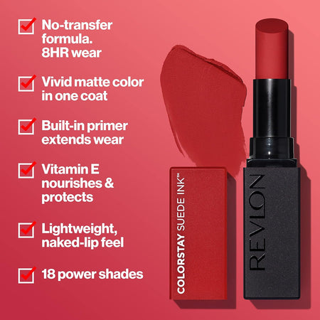 Revlon Lipstick, ColorStay Suede Ink, Built-in Primer, Stocking Stuffer for Women, Waterproof, Smudge-proof, Matte Color, 018 First Class, 0.09 oz