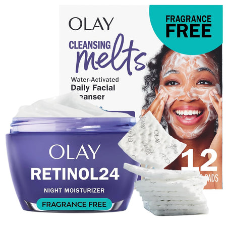 Olay Retinol 24 Face Moisturizer, Anti-Aging Night Cream for Women, Fragrance-Free, Anti-Wrinkle Skin Care (1.7 oz) & Trial Size Retinol Cleansing Melts, Water-Activated Face Wash (12 ct)