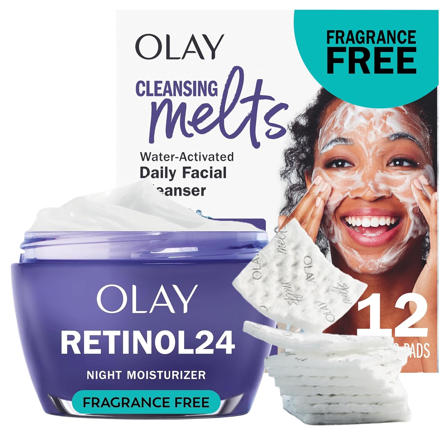 Olay Retinol 24 Face Moisturizer, Anti-Aging Night Cream for Women, Fragrance-Free, Anti-Wrinkle Skin Care (1.7 oz) & Trial Size Retinol Cleansing Melts, Water-Activated Face Wash (12 ct)