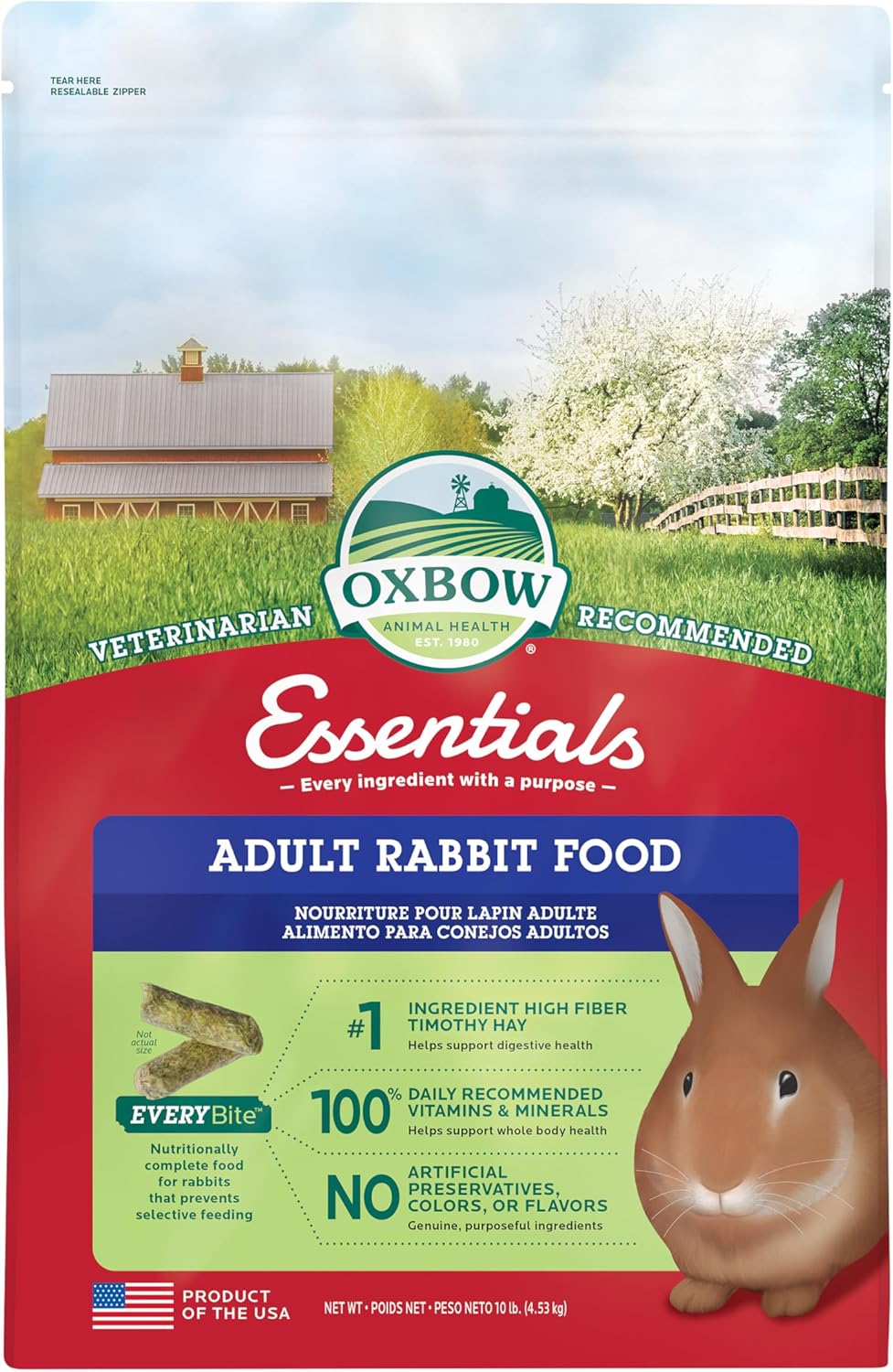 Oxbow Essentials Rabbit Food, Adult Rabbit, Made with Oxbow Timothy Hay, Pet Pellets with Vitamins & Minerals, Small Animal Pet Products, Bunny Supplies, Made in USA, Bunny Food, 5 lb