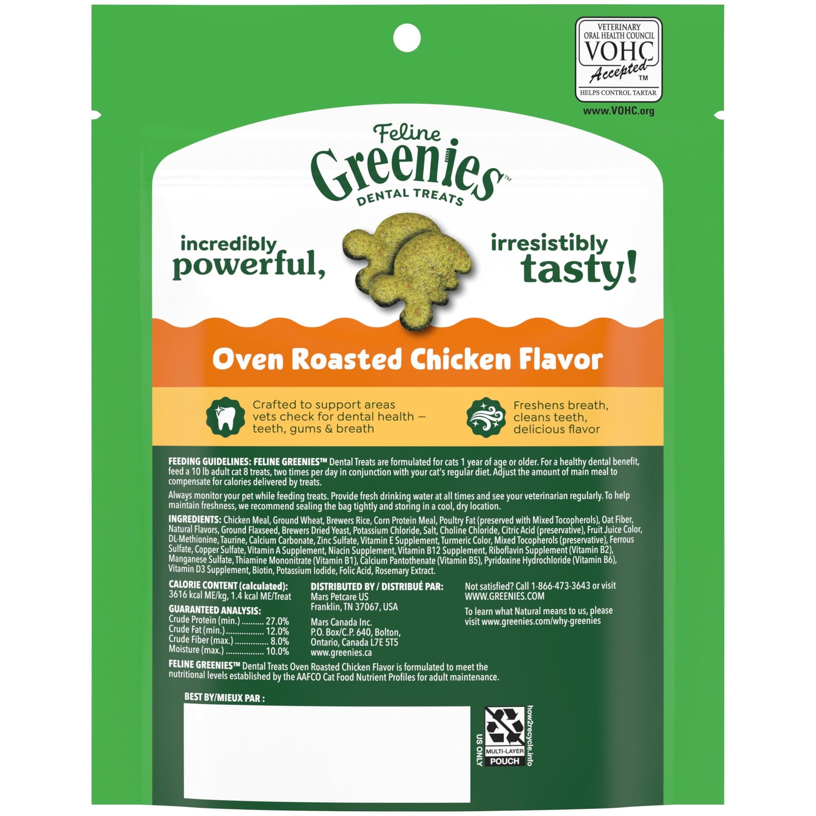 Greenies Feline Adult Dental Cat Treats, Oven Roasted Chicken Flavor, 9.75 oz. Tub