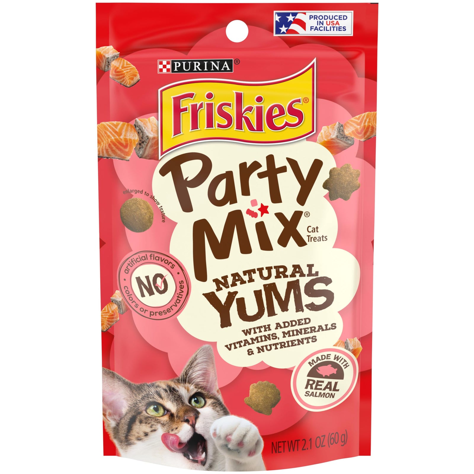 Purina Friskies Natural Cat Treats, Party Mix Natural Yums With Real Salmon and Vitamins, Minerals & Nutrients - (Pack of 10) 2.1 Oz. Pouches