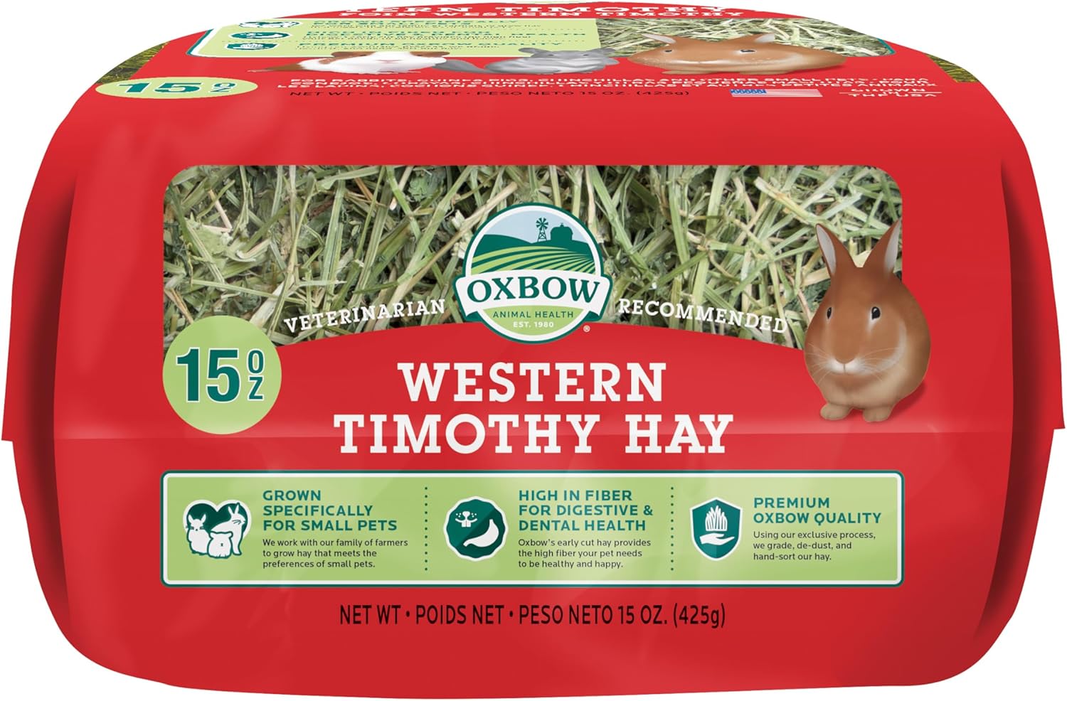 Oxbow Timothy Hay, Rabbit & Guinea Pig Hay, High Fiber for Digestive Health, Grown in the USA, Veterinarian Recommended Small Pet Supplies, for Rabbits, Guinea Pigs, & Chinchillas, 15 oz.
