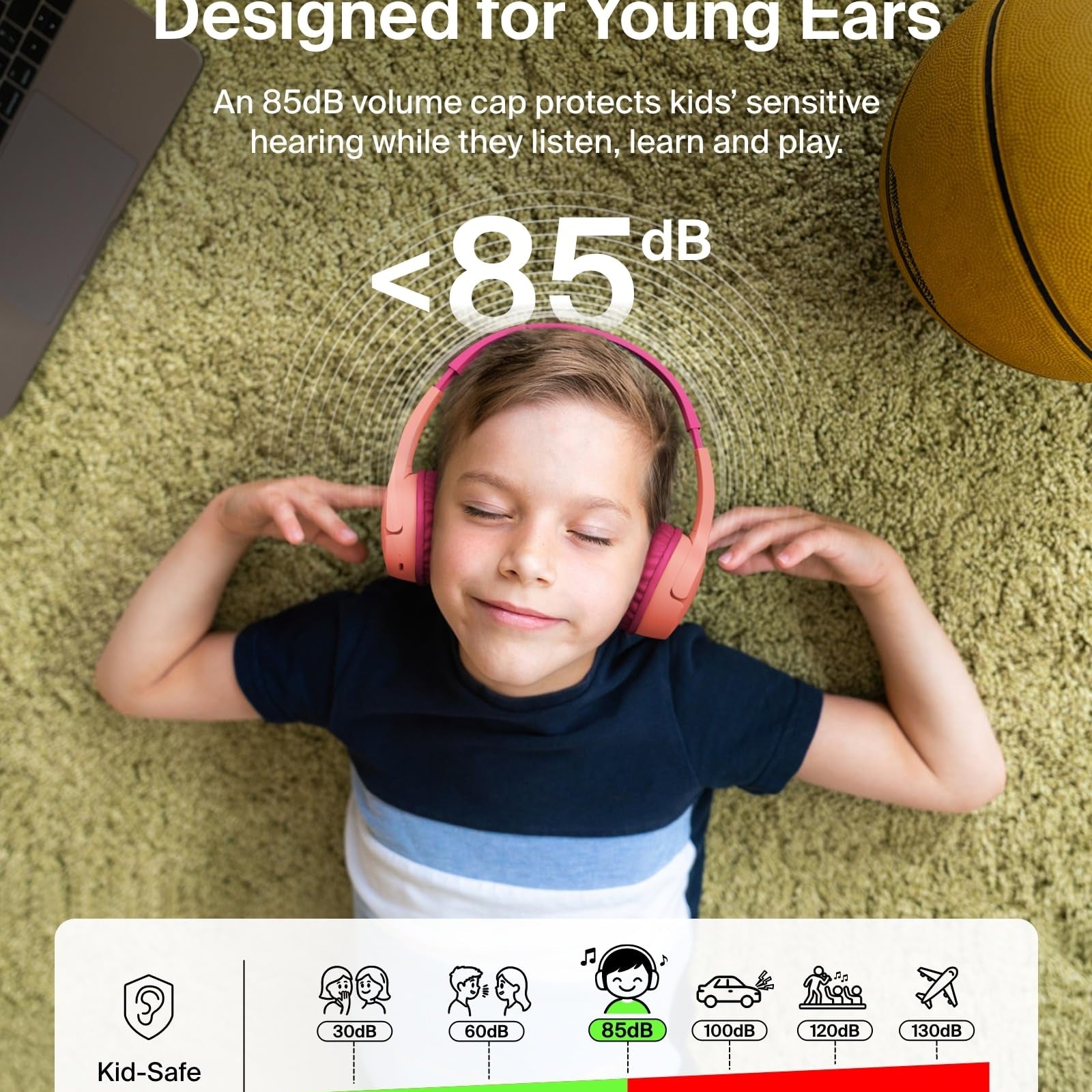 Belkin SoundForm Mini - Wireless Bluetooth Kids Headphones, 30H Battery, 85dB Safe Volume Limit, Built-in Microphone - Toddler On-Ear Earphones for iPhone, iPad, Fire Tablet, Ideal for School - White