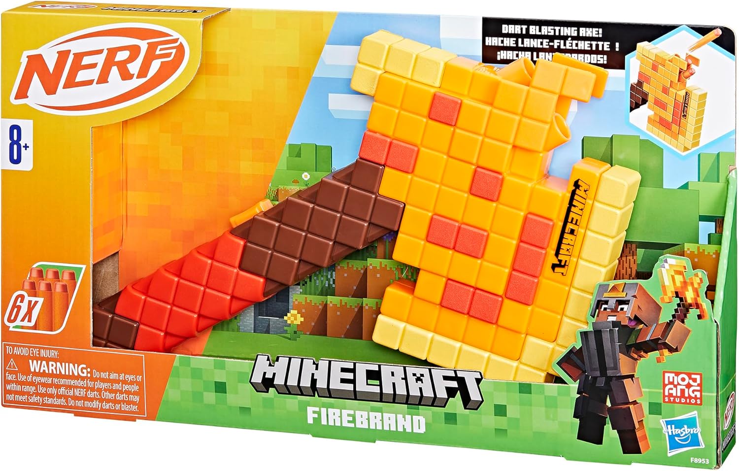 Nerf Minecraft Firebrand, Dart Blasting Axe, 6 Nerf Elite Foam Darts, Design Inspired by Minecraft Axe in The Game, Pull Down Priming, Minecraft Toys