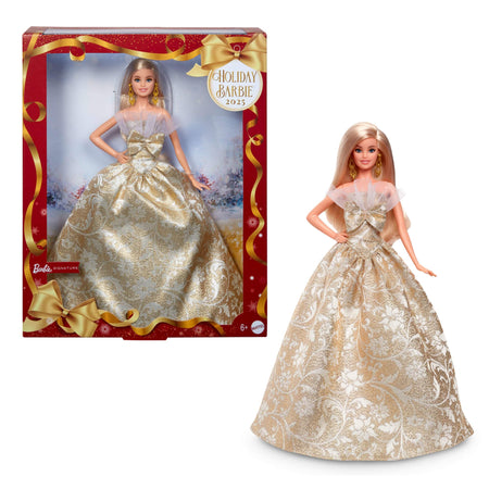 Barbie Signature 2025 Holiday Light Brown Hair Fashion Doll Wearing Silver & Gold Gown, Seasonal Collector in Displayable Packaging & Stand