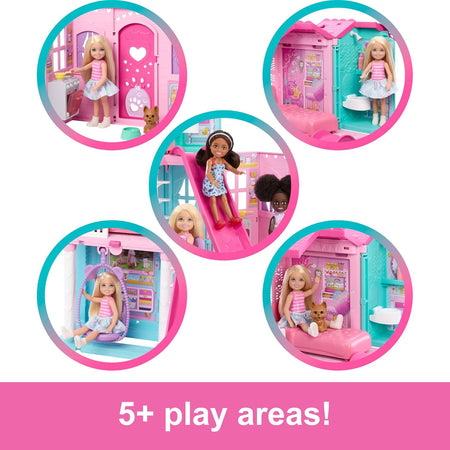 Barbie Chelsea Toy Dollhouse with 15+ Accessories, Pop-Up House Expands to 17+ x 13+ inches with 5 Play Areas & Slide, Includes Small Doll & Pet Dog