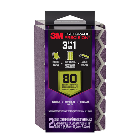 3M Pro Grade Precision 3-in-1 Sanding Sponge, 80 Grit Coarse, for Woodworking, Drywall Prep, and Refinishing, 2.5 in x 4.5 in x 1 in