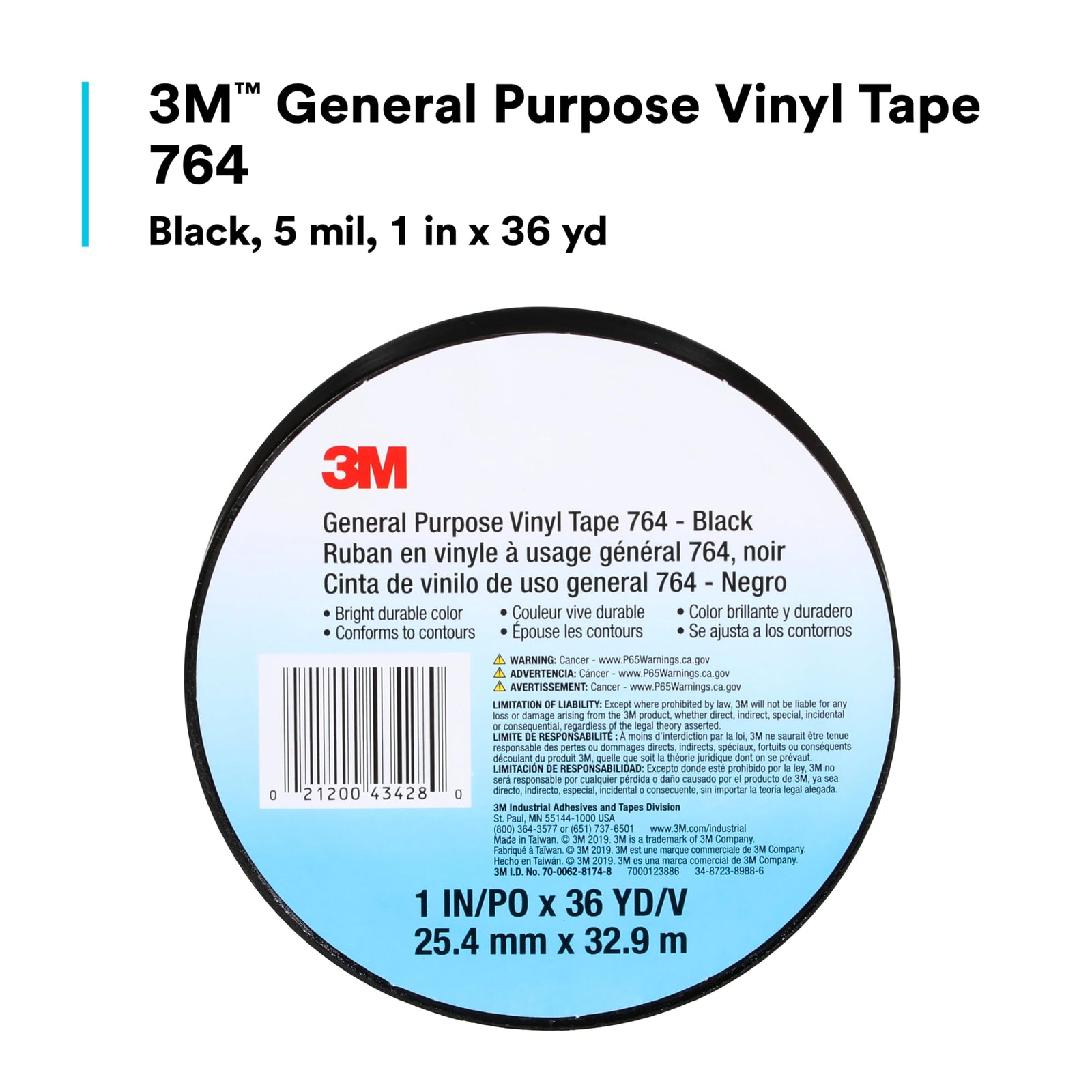 3M Vinyl Tape 764, General Purpose, 2 in x 36 yd, Black, 1 Roll, Light Traffic Floor Marking Tape, Social Distancing, Color Coding, Safety, Bundling