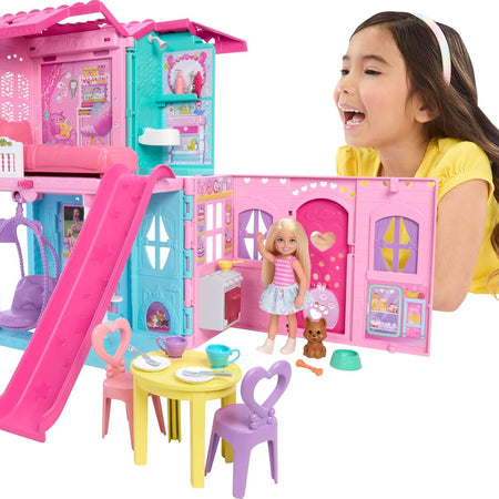 Barbie Chelsea Toy Dollhouse with 15+ Accessories, Pop-Up House Expands to 17+ x 13+ inches with 5 Play Areas & Slide, Includes Small Doll & Pet Dog