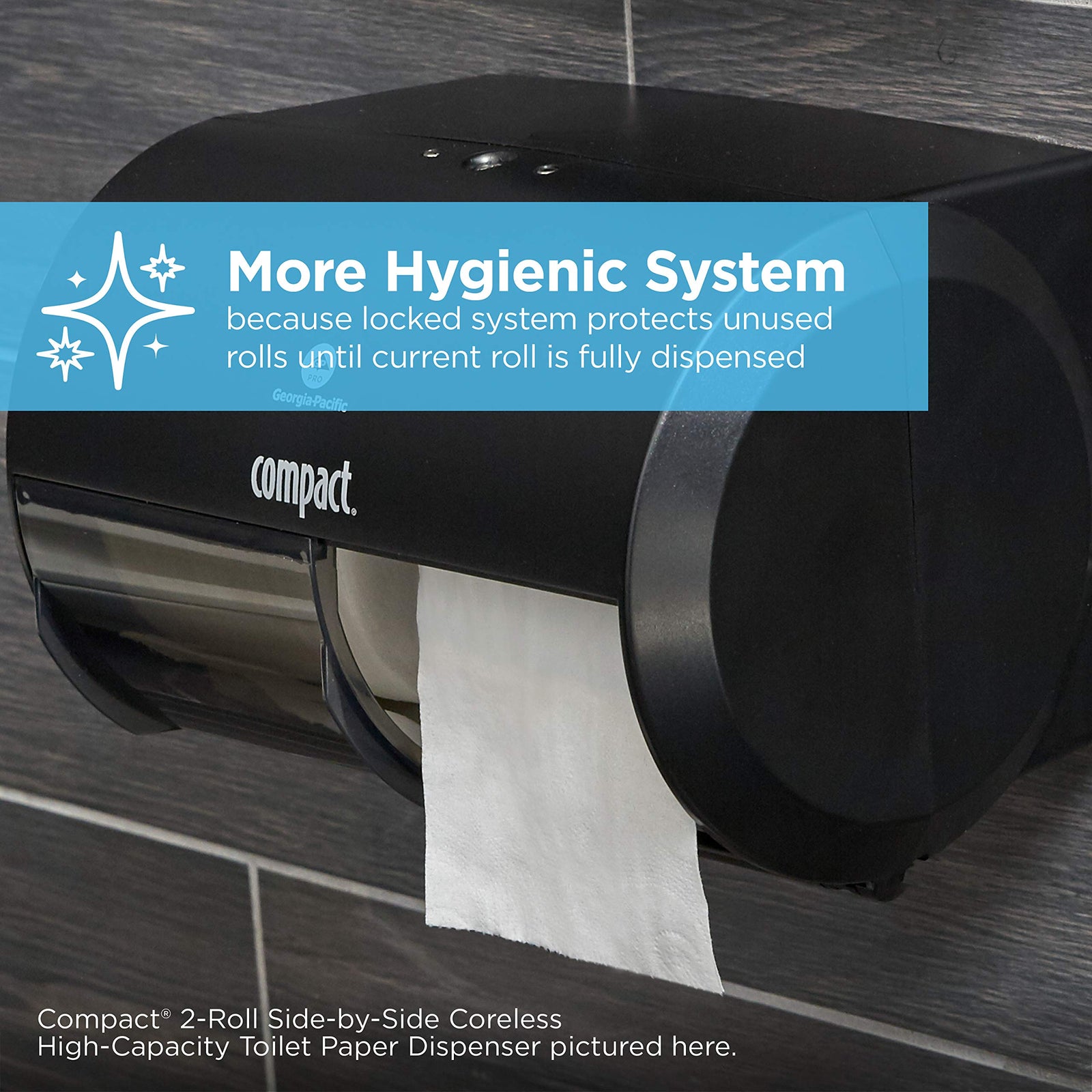 Georgia-Pacific Compact 2-Roll Side-by-Side Coreless High-Capacity Toilet Paper Dispenser by GP PRO (Georgia-Pacific), Stainless, 56798, 10.120" W x 6.750" D x 7.120" H, Stainless Steel