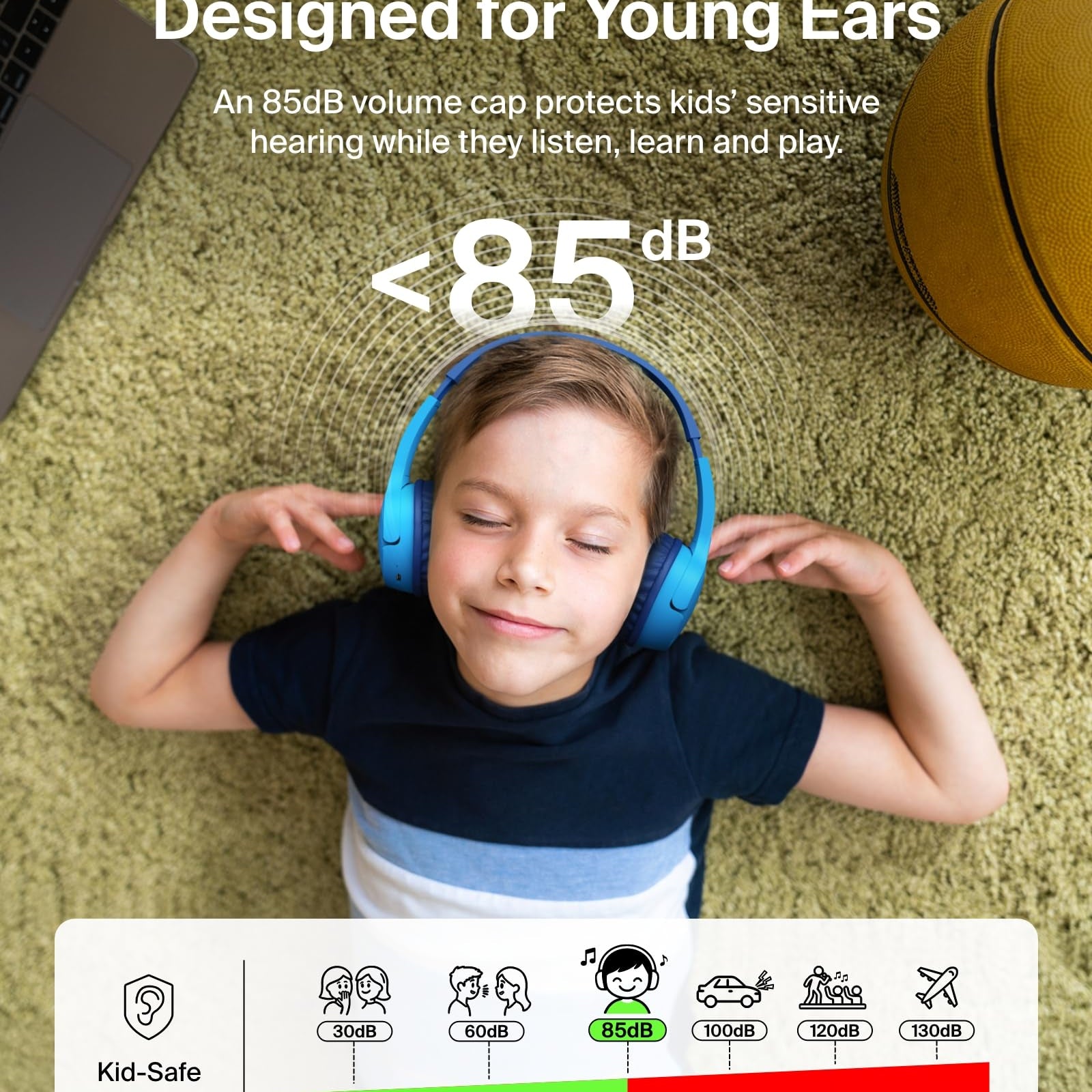 Belkin SoundForm Mini - Wireless Bluetooth Kids Headphones, 30H Battery, 85dB Safe Volume Limit, Built-in Microphone - Toddler On-Ear Earphones for iPhone, iPad, Fire Tablet, Ideal for School - White