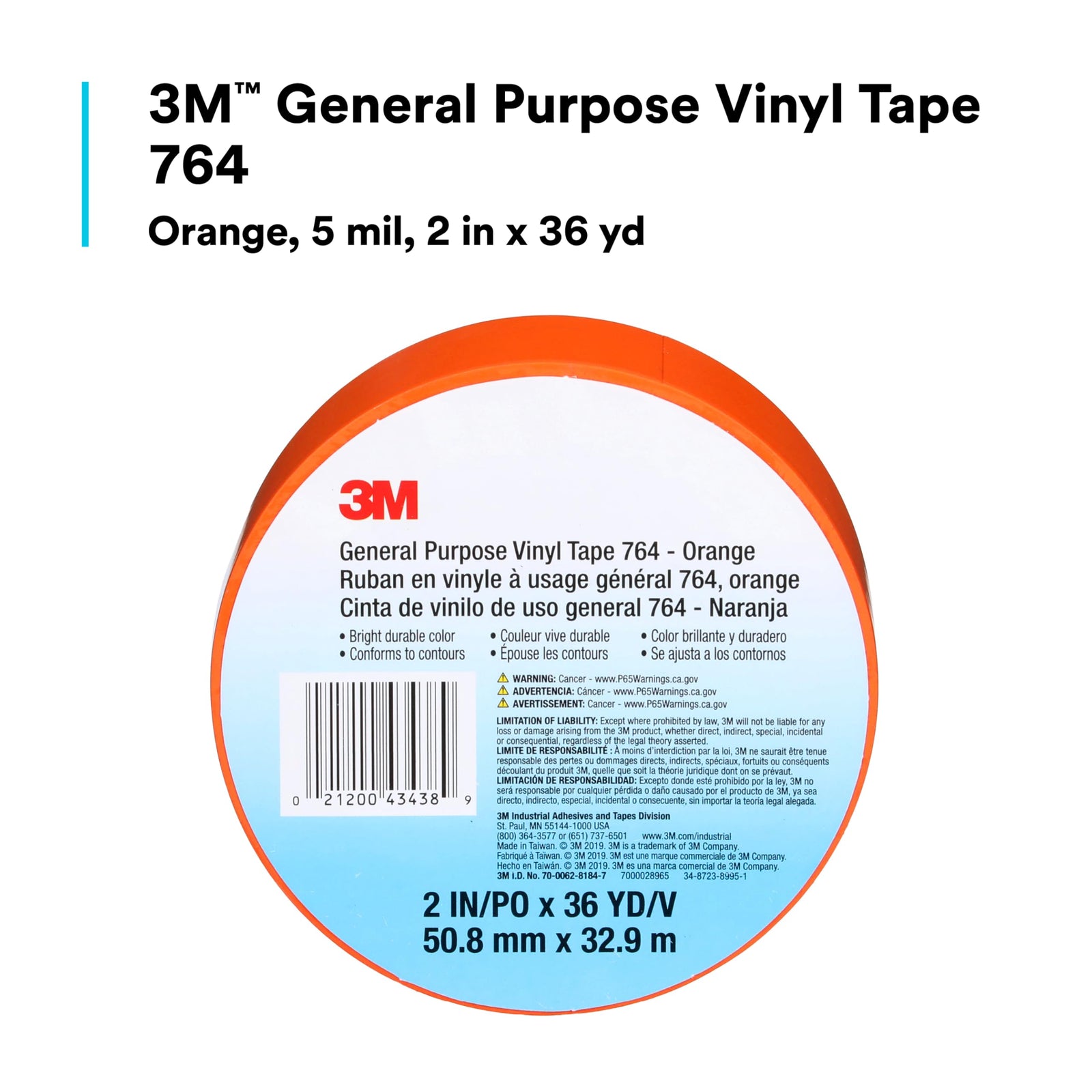 3M Vinyl Tape 764, General Purpose, 2 in x 36 yd, Black, 1 Roll, Light Traffic Floor Marking Tape, Social Distancing, Color Coding, Safety, Bundling