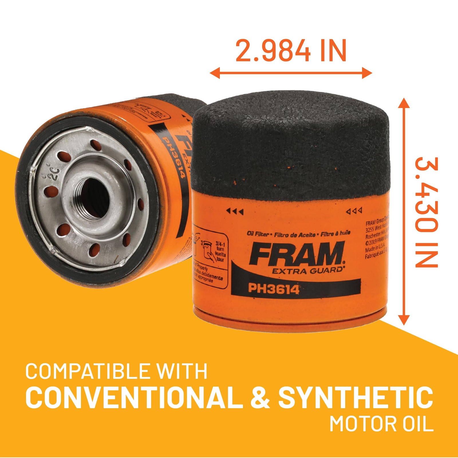 FRAM Ultra Synthetic Automotive Replacement Oil Filter, Designed for Synthetic Oil Changes Lasting up to 20k Miles, XG3614 with SureGrip (Pack of 2)