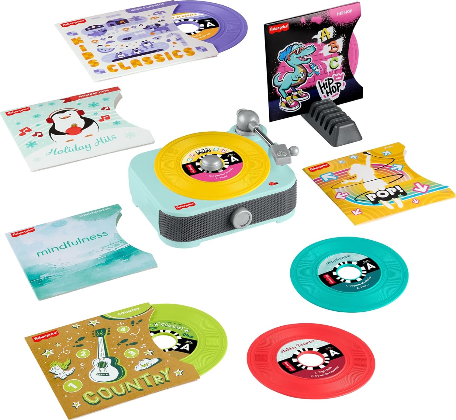 Fisher-Price Musical Toy Deluxe Rockin’ Record Player Pretend Turntable with 6 Albums for Preschool Play Plus Bonus Exclusive Holiday Album Kids Ages 3+ Years (Amazon Exclusive)