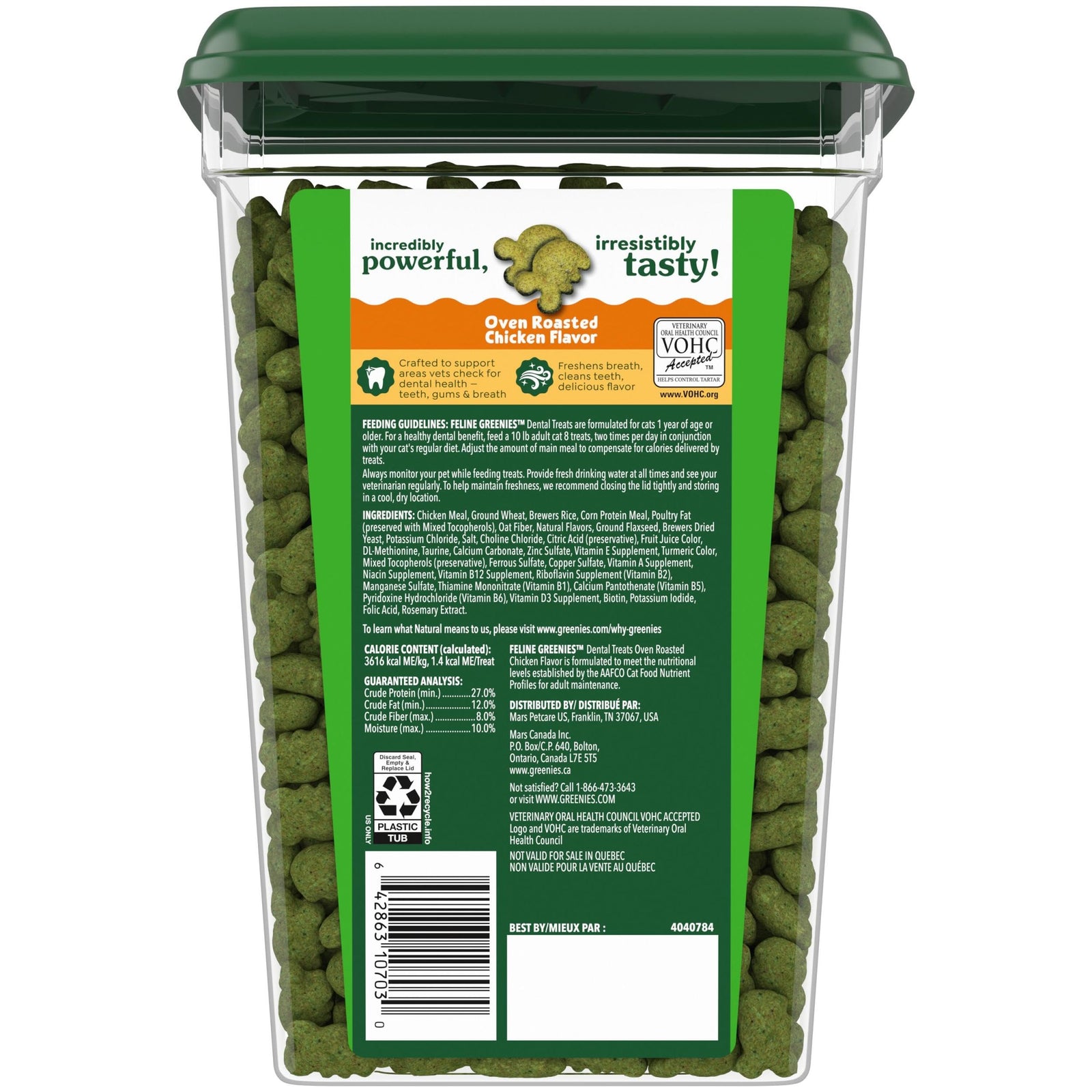 Greenies Feline Adult Dental Cat Treats, Oven Roasted Chicken Flavor, 9.75 oz. Tub