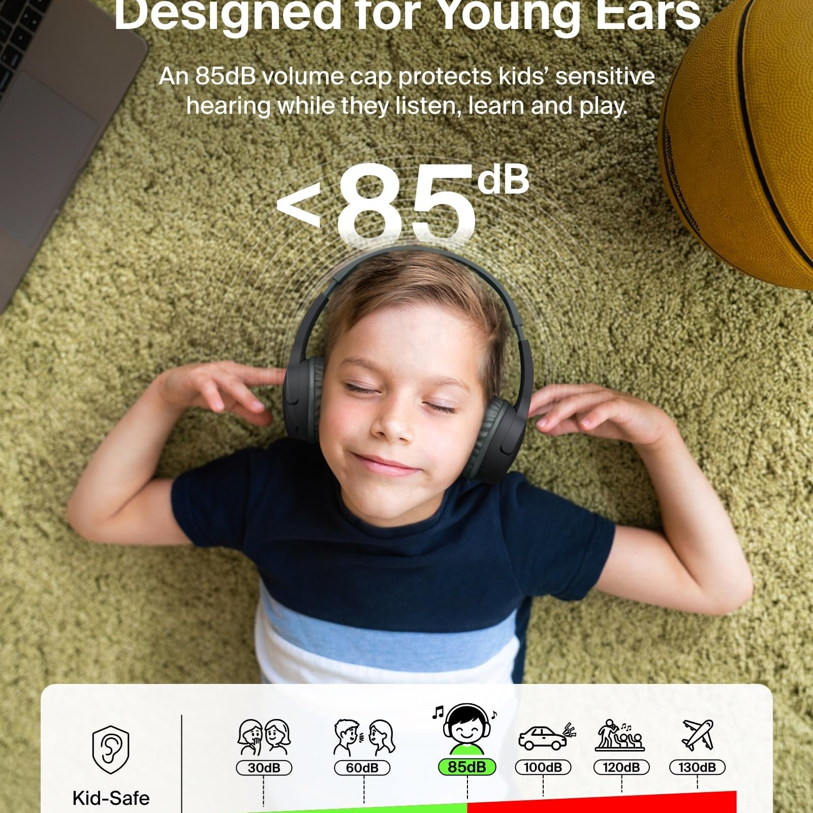 Belkin SoundForm Mini - Wireless Bluetooth Kids Headphones, 30H Battery, 85dB Safe Volume Limit, Built-in Microphone - Toddler On-Ear Earphones for iPhone, iPad, Fire Tablet, Ideal for School - White