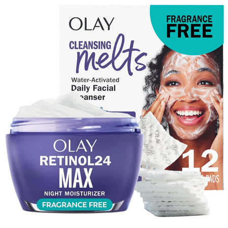 Olay Retinol Face Moisturizer, 24 MAX Anti-Aging Night Cream for Women, Fragrance-Free, Anti-Wrinkle Skin Care (1.7 oz) & Trial Size Retinol Cleansing Melts, Water-Activated Face Wash (12 ct)