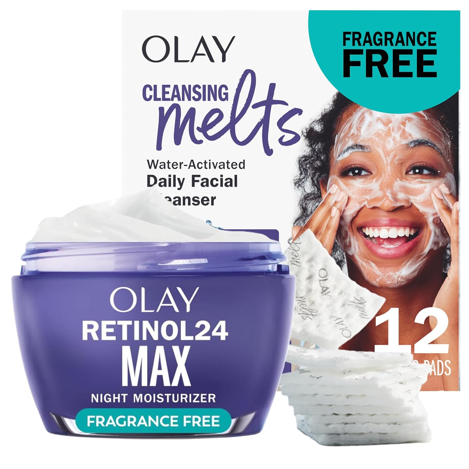 Olay Retinol Face Moisturizer, 24 MAX Anti-Aging Night Cream for Women, Fragrance-Free, Anti-Wrinkle Skin Care (1.7 oz) & Trial Size Retinol Cleansing Melts, Water-Activated Face Wash (12 ct)