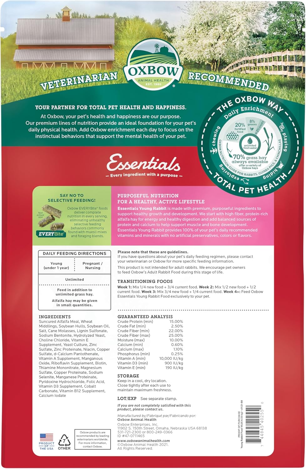 Oxbow Essentials Rabbit Food, Adult Rabbit, Made with Oxbow Timothy Hay, Pet Pellets with Vitamins & Minerals, Small Animal Pet Products, Bunny Supplies, Made in USA, Bunny Food, 5 lb