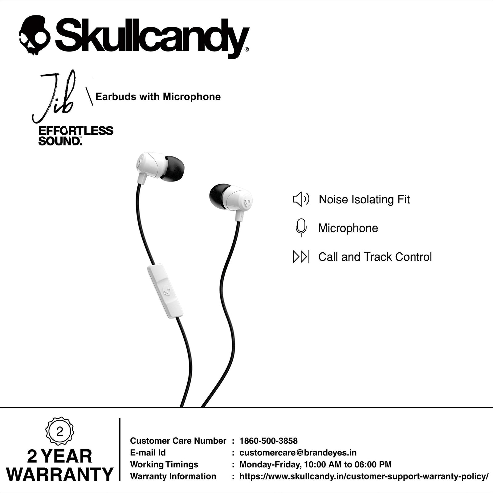 Skullcandy Jib Wired Earbuds with 3.5mm AUX Plug, Noise Isolating Fit, in-Line Microphone Call and Track Control, Convenient for Travel - White
