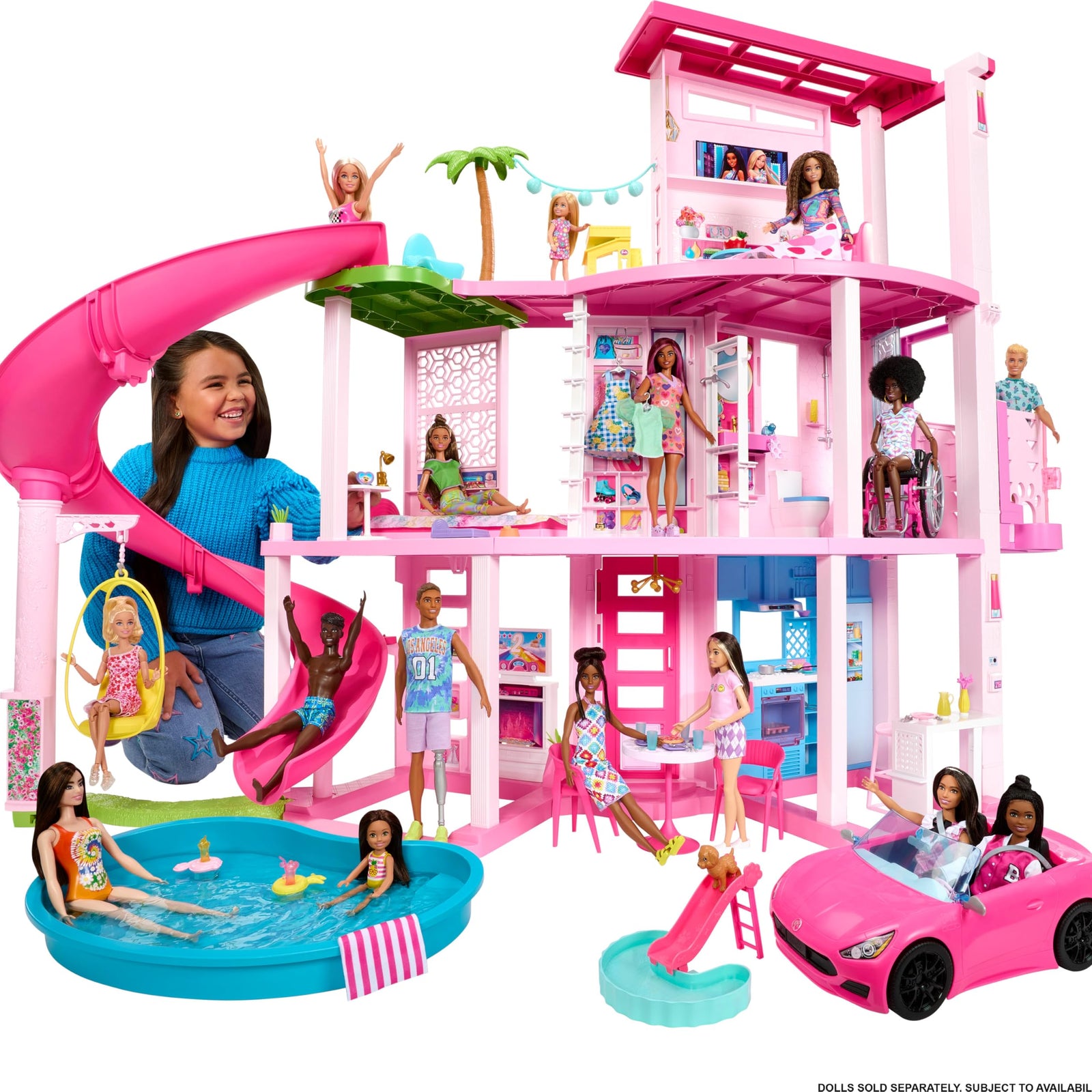 Barbie Dreamhouse, Pool Party Doll House with 75+ Pieces and 3-Story Slide, House Playset, Pet Elevator and Puppy Play Areas