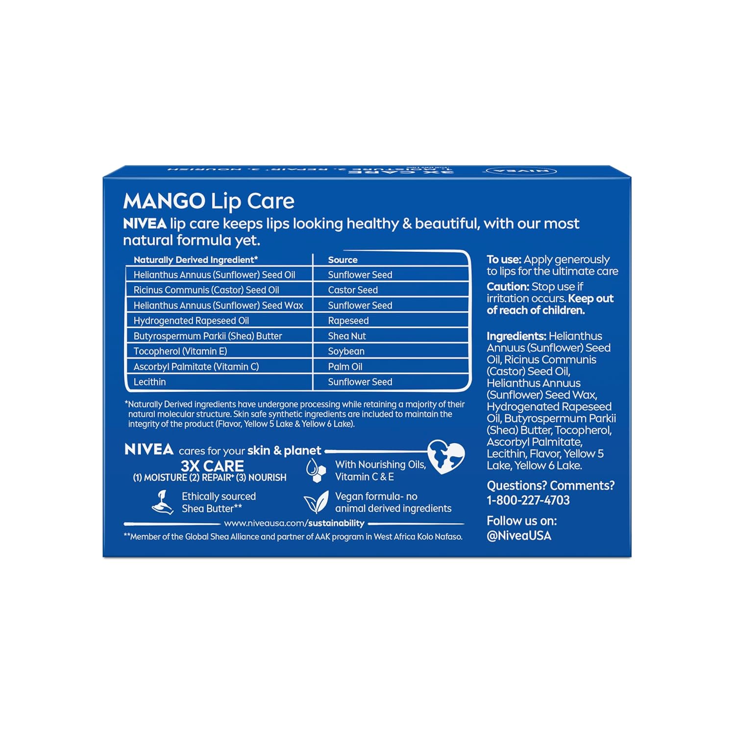 NIVEA Mango Lip Care, Vegan Lip Balm Pack with Shea Butter, Nourishing Oils and Vitamin C & E, 3-in-1 Moisturize, Repair and Protect, 0.17 Oz Stick, Pack of 4